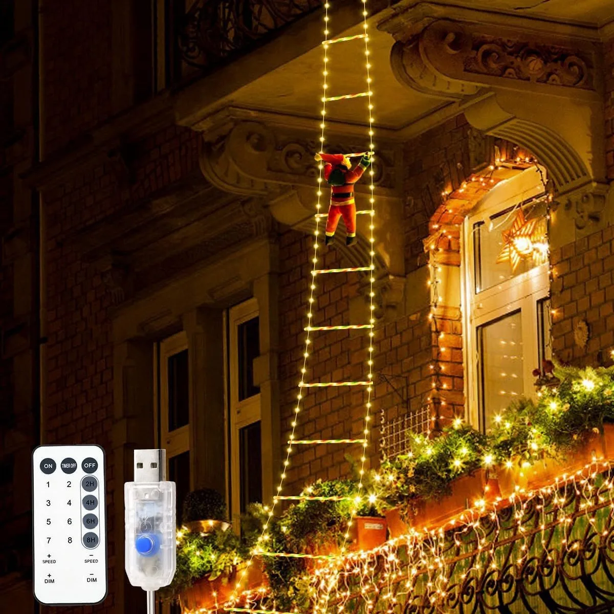 Christmas Lights LED Santa Climbing Ladder Decoration USB Powered Holiday 2025 Festive Window Wall Decor 8 Flash Modes - Image 2