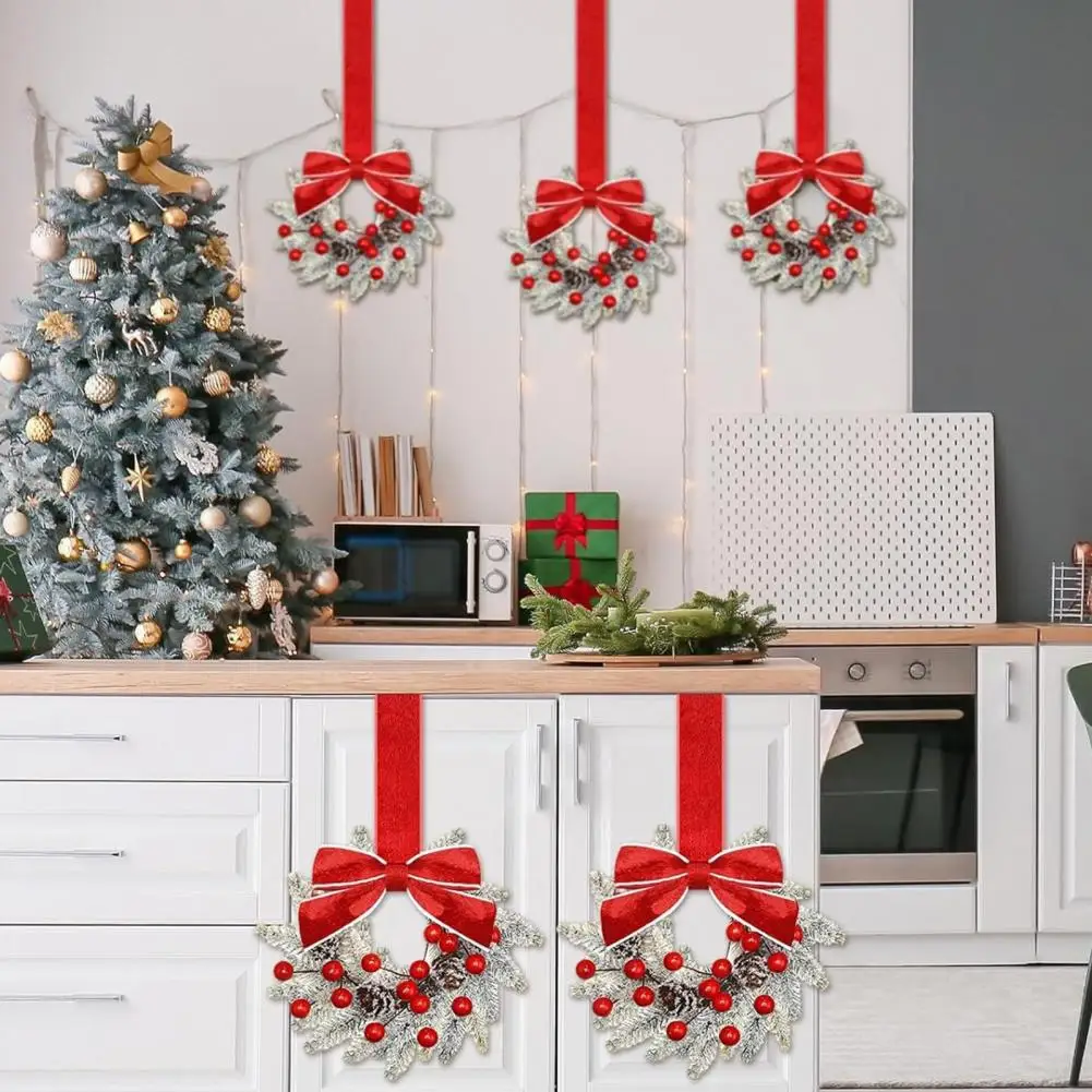Christmas Wreaths Set Of 6 Mini Cabinet Wreaths With Red Bows Farmhouse Holiday 2025 Artificial Durable Decor - Image 3