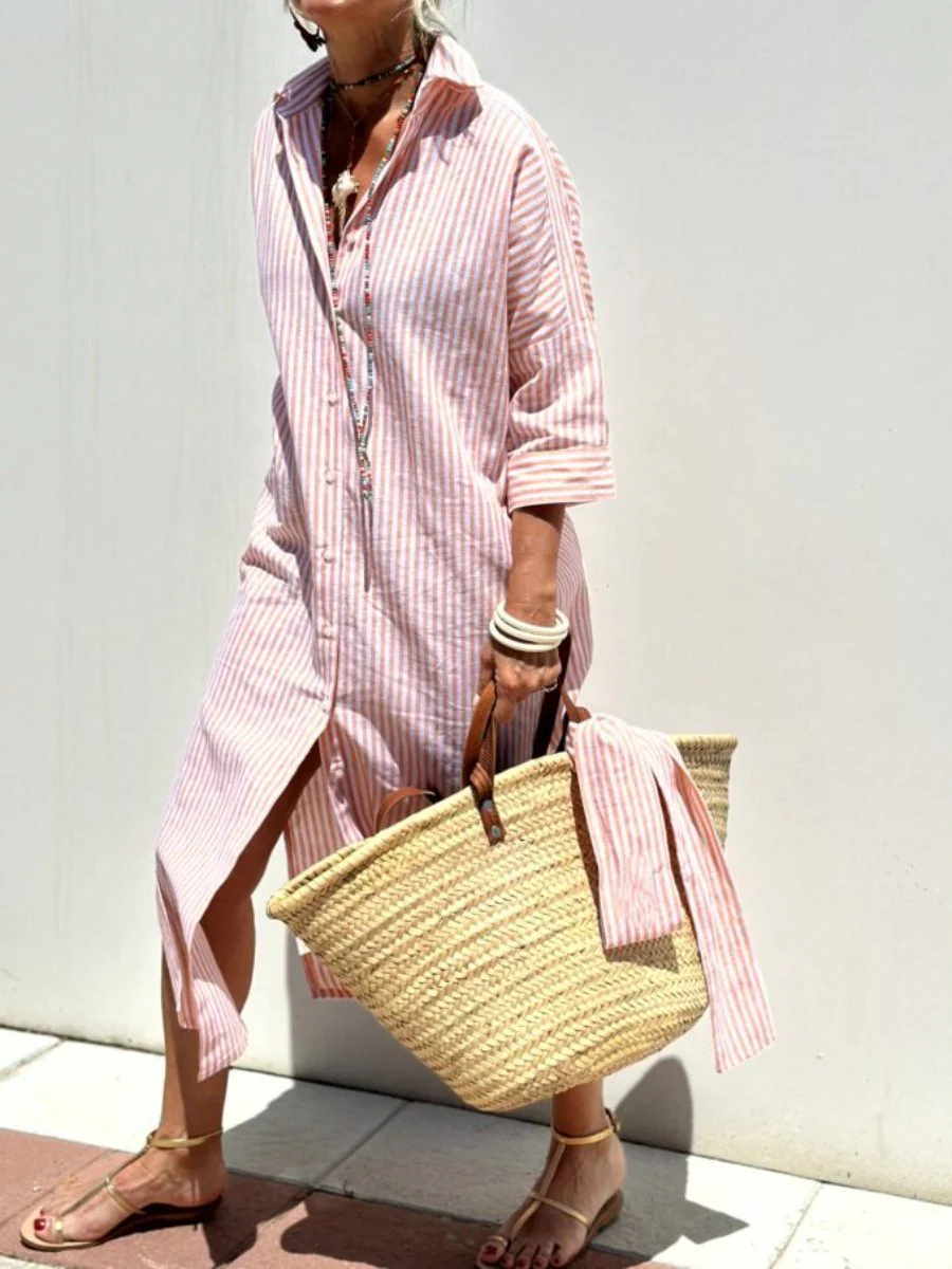 Classic Striped Women's Dress with Lace Trim, Elegant Summer Dress for Versatile Styling - Image 3