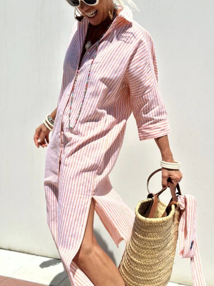 Classic Striped Women's Dress with Lace Trim, Elegant Summer Dress for Versatile Styling - Image 4