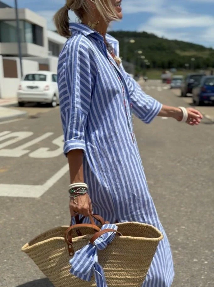 Classic Striped Women's Dress with Lace Trim, Elegant Summer Dress for Versatile Styling - Image 6