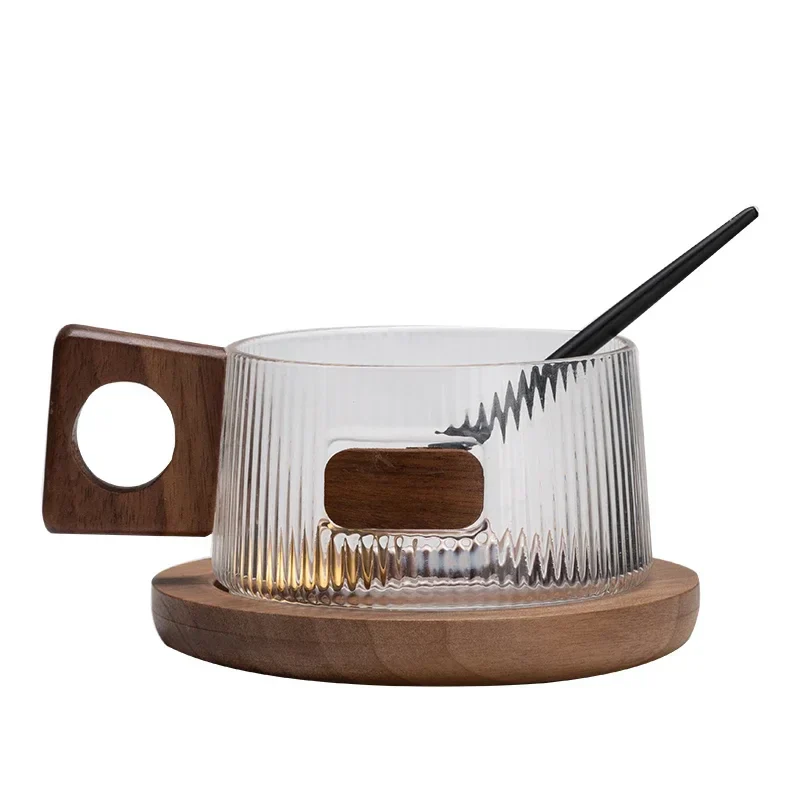 Coffee Mug Set 250ml Glass With Wooden Handle, Tray And Spoon, Ribbed Tea Cup Casual Fall 2025 Cozy Gift - Image 2