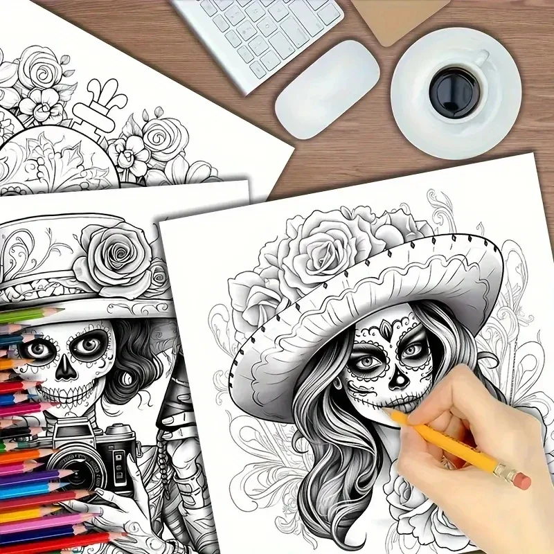 Coloring Book Upgraded Thickened Paper Sugar Skull Art Halloween Trend Gift Idea 22 Pages - Image 4