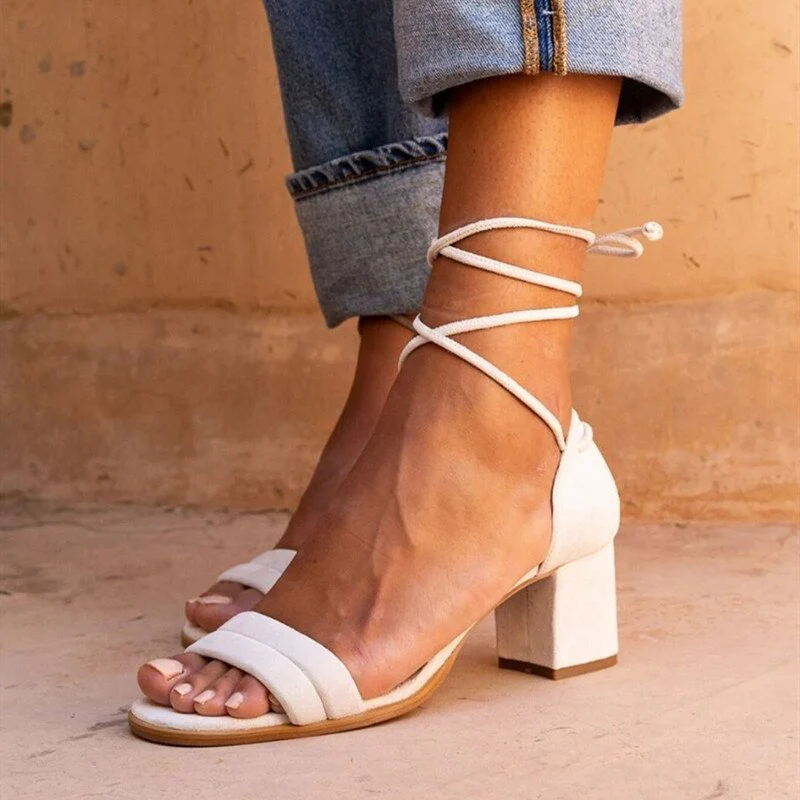 Comfortable Women's Sandals, Block Heel Design with Transparent Toe Band and Lacing in Nude Artificial Leather - Image 3