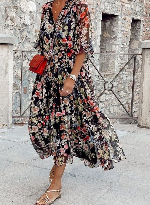 Comfortable Women's V-Neck Floral Dress for Spring and Summer - High-Quality Fabric, Normal Fit, Versatile Style - Image 2
