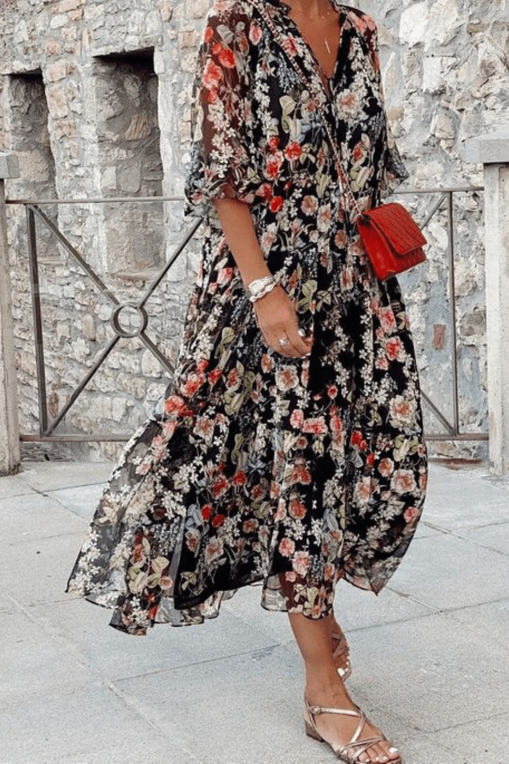 Comfortable Women's V-Neck Floral Dress for Spring and Summer - High-Quality Fabric, Normal Fit, Versatile Style - Image 3