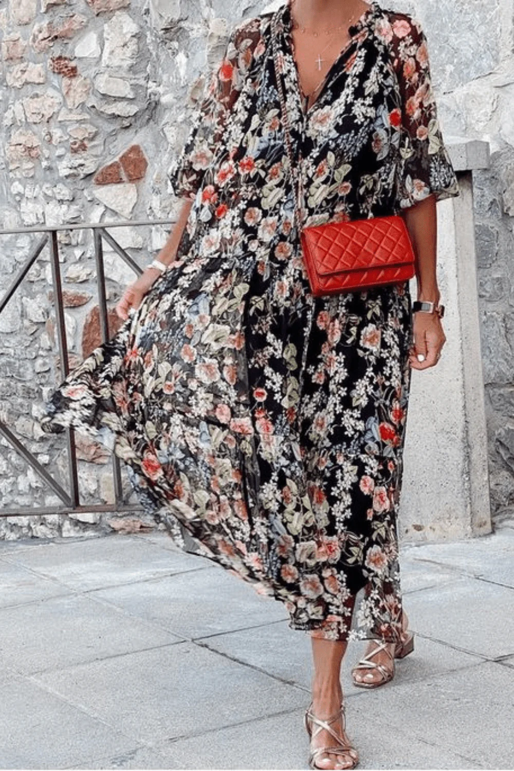 Comfortable Women's V-Neck Floral Dress for Spring and Summer - High-Quality Fabric, Normal Fit, Versatile Style - Image 4