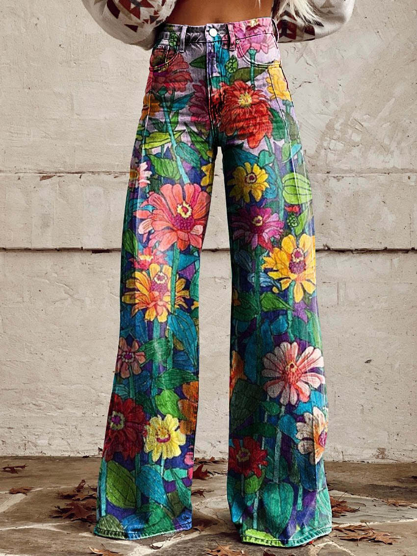 Comfortable women’s wide-leg jeans – floral print design, cotton blend, for casual outings - Image 10