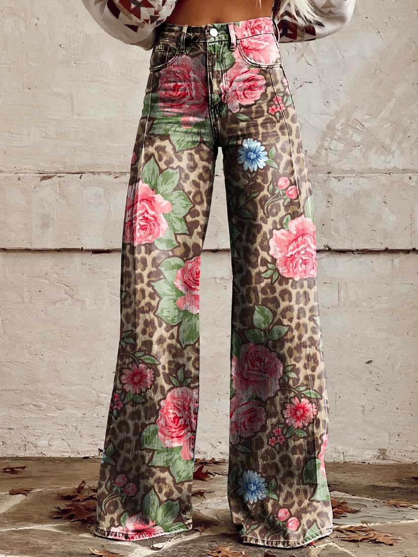 Comfortable women’s wide-leg jeans – floral print design, cotton blend, for casual outings - Image 12