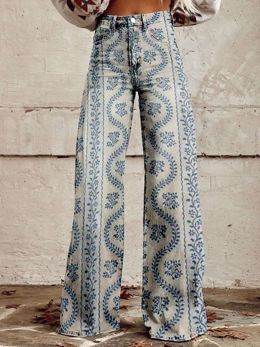 Comfortable women’s wide-leg jeans – floral print design, cotton blend, for casual outings - Image 2