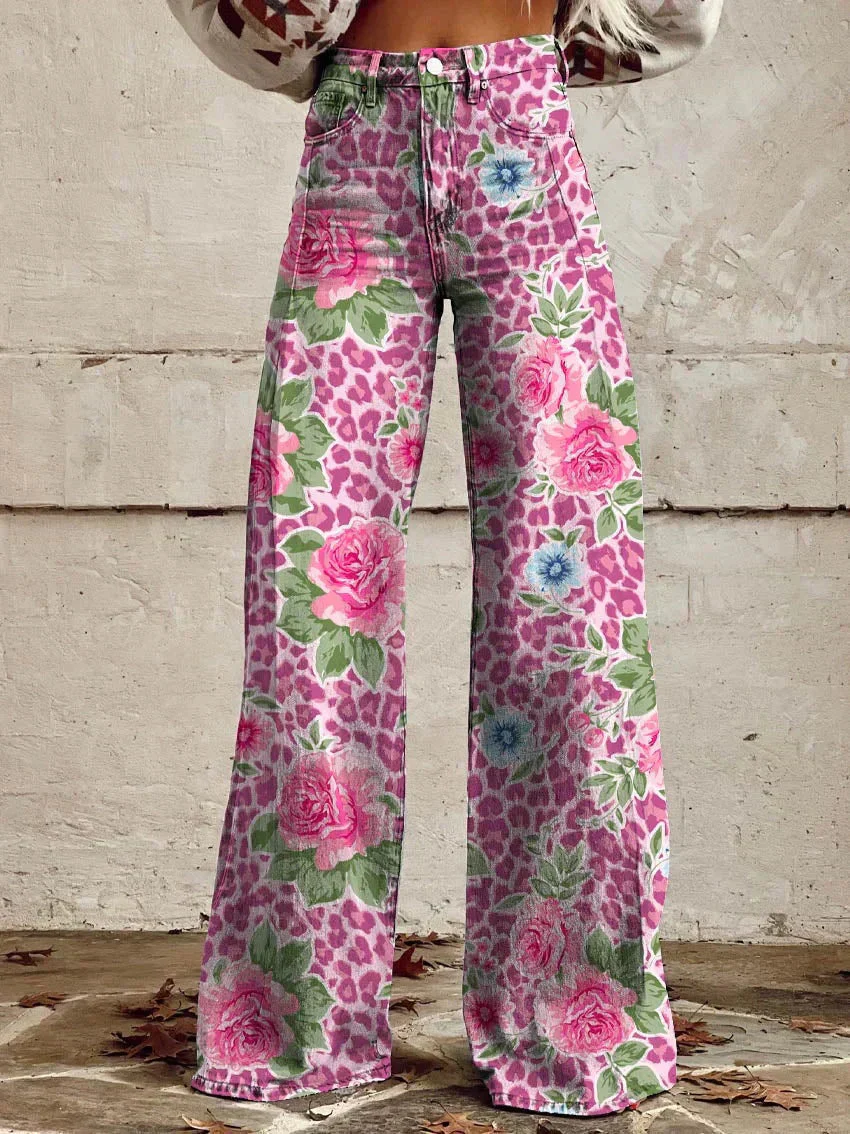 Comfortable women’s wide-leg jeans – floral print design, cotton blend, for casual outings - Image 3