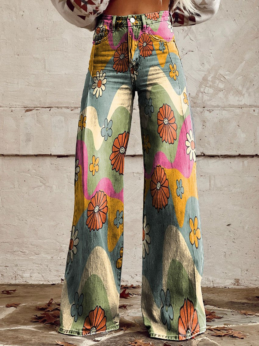 Comfortable women’s wide-leg jeans – floral print design, cotton blend, for casual outings - Image 4