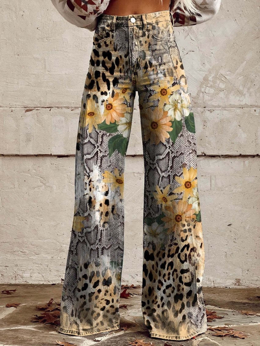 Comfortable women’s wide-leg jeans – floral print design, cotton blend, for casual outings - Image 5