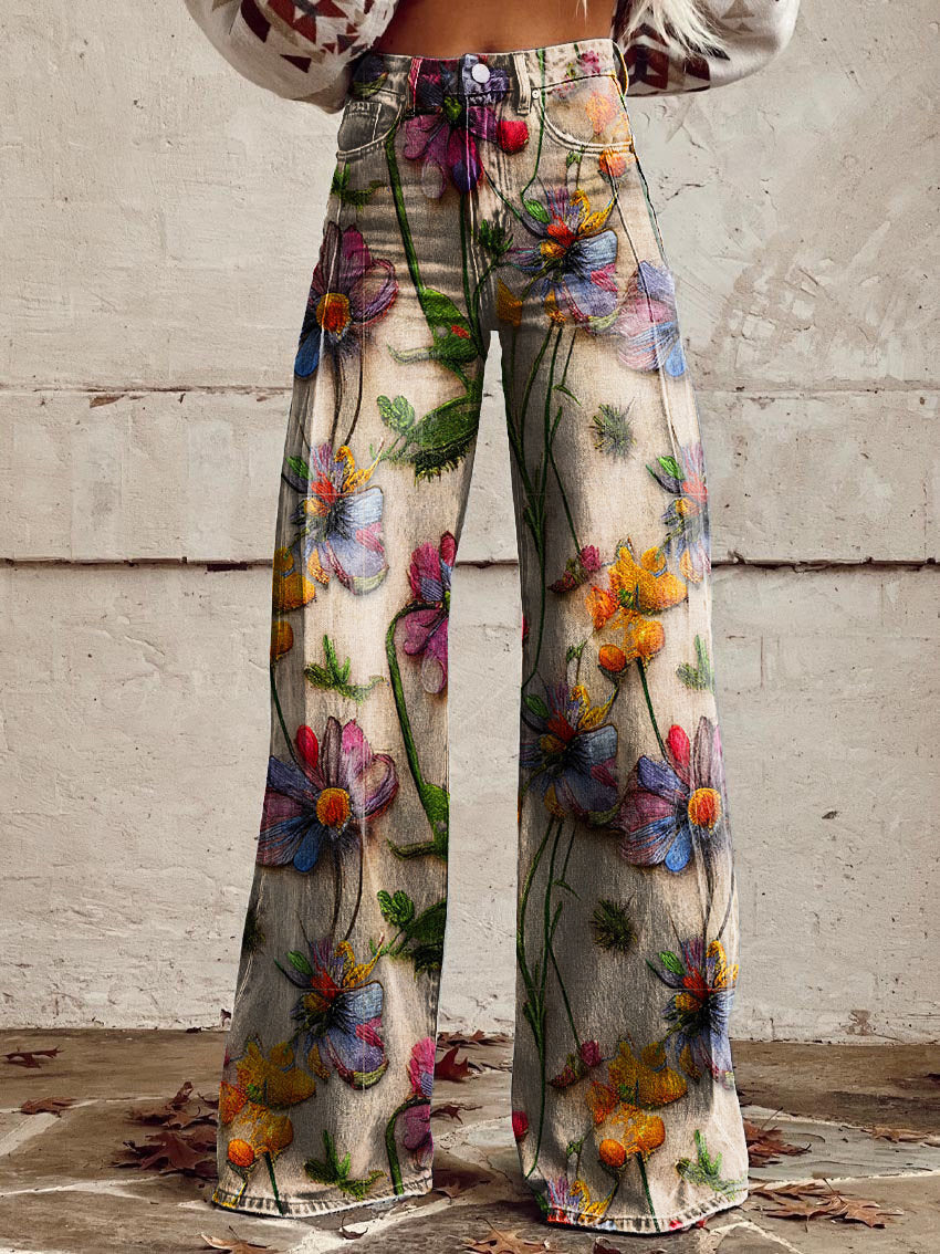 Comfortable women’s wide-leg jeans – floral print design, cotton blend, for casual outings - Image 6