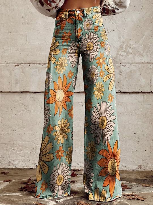 Comfortable women’s wide-leg jeans – floral print design, cotton blend, for casual outings - Image 7