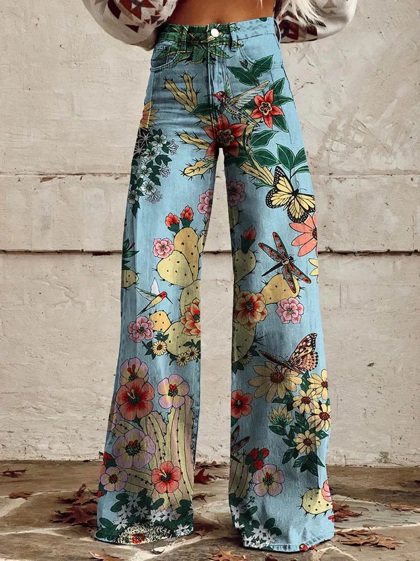 Comfortable women’s wide-leg jeans – floral print design, cotton blend, for casual outings - Image 8