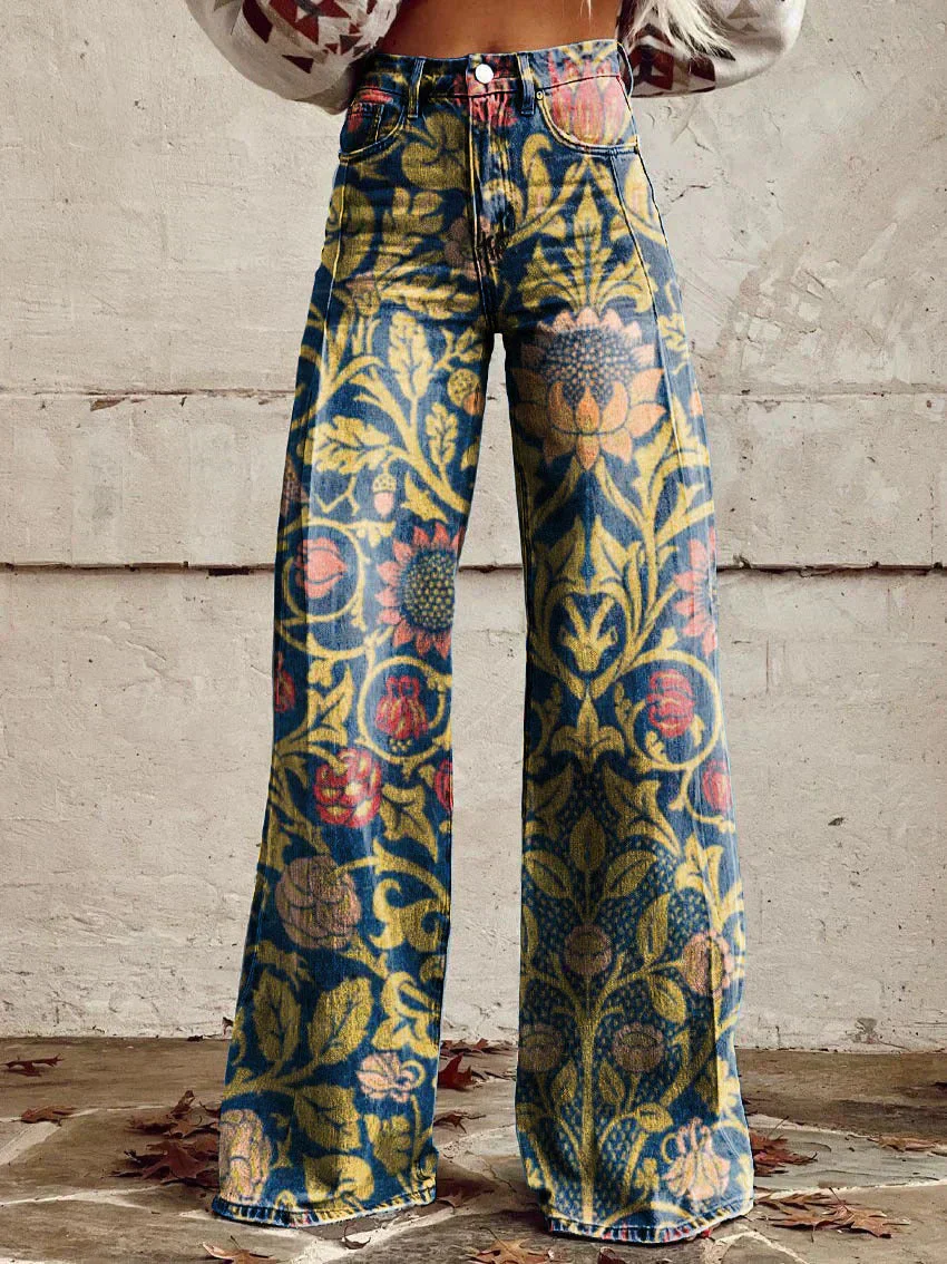 Comfortable women’s wide-leg jeans – floral print design, cotton blend, for casual outings - Image 9