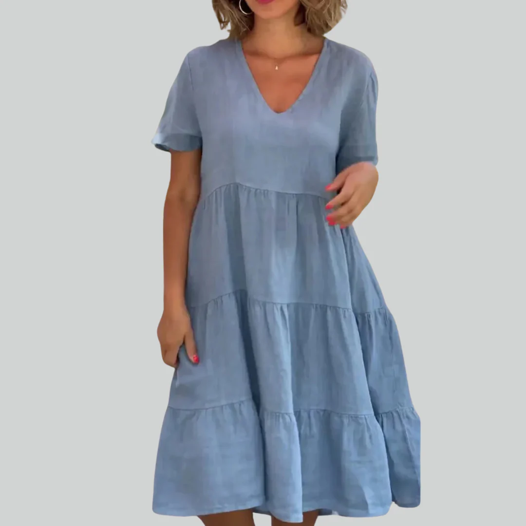 Cotton Linen Casual Women's Dress - Short Sleeve V-neck Swing Summer S-5XL - Image 6