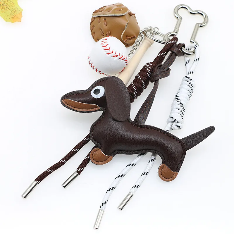 Dachshund Pu Leather Bag Charm Baseball Keychain Gift - Image 2
