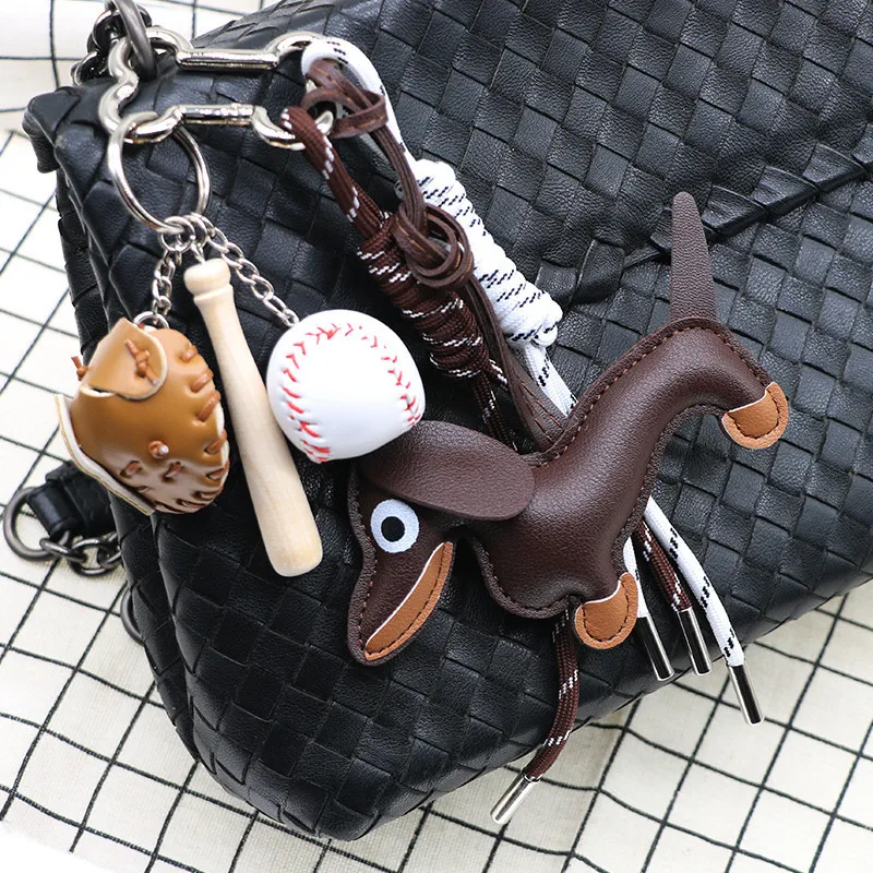 Dachshund Pu Leather Bag Charm Baseball Keychain Gift - Image 5