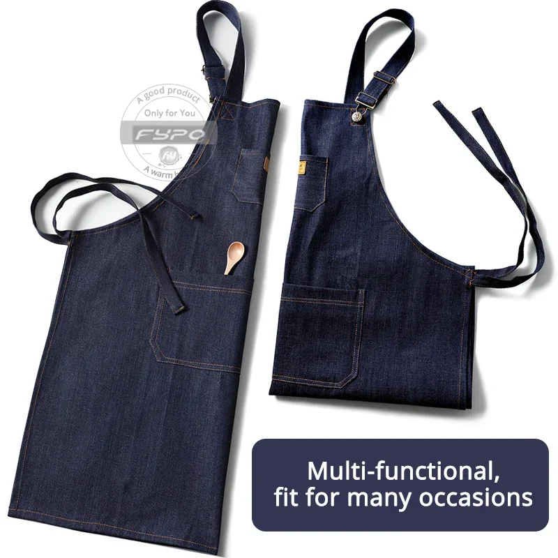 Denim Apron Adjustable Neck Bib Apron Durable Barista Kitchen Apron Fall 2025 Hygienic Workwear With Pockets - Image 3
