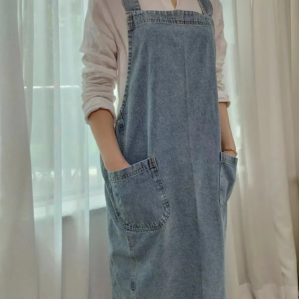 Denim Apron Washed Cotton Canvas Korean Dress Apron Fall 2025 Kitchen Garden Cooking Apron With Pockets - Image 3
