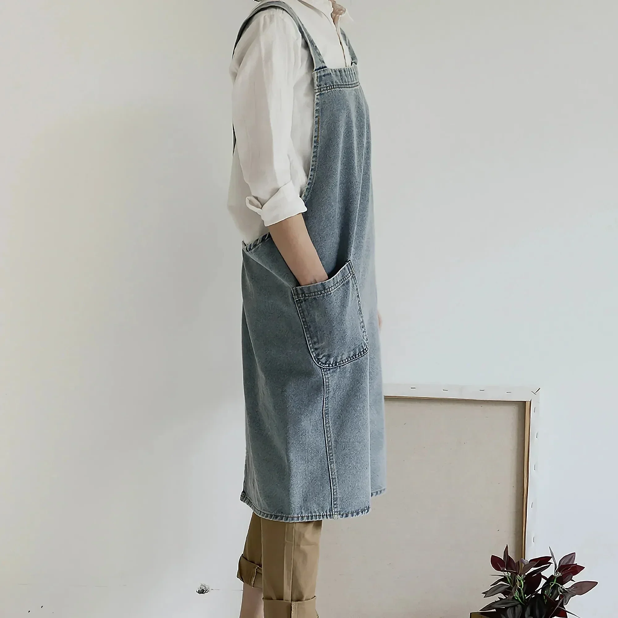 Denim Apron Washed Cotton Canvas Korean Dress Apron Fall 2025 Kitchen Garden Cooking Apron With Pockets - Image 4