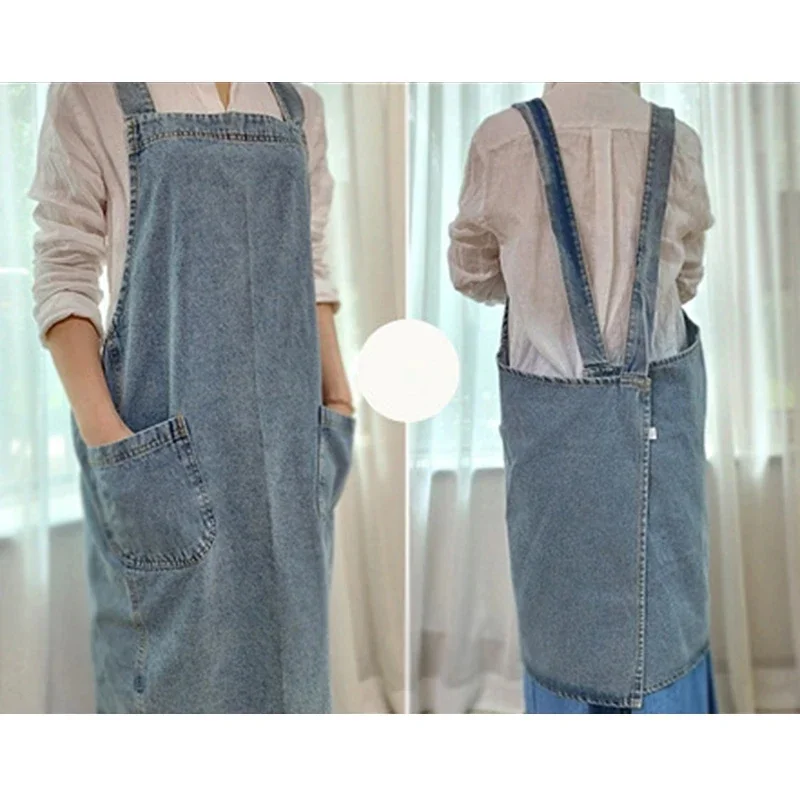 Denim Apron Washed Cotton Canvas Korean Dress Apron Fall 2025 Kitchen Garden Cooking Apron With Pockets - Image 6