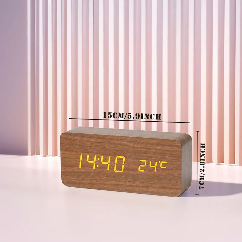 Digital Alarm Clock Wooden LED Table Clock with Temperature for Bedroom Office Decor - Image 3