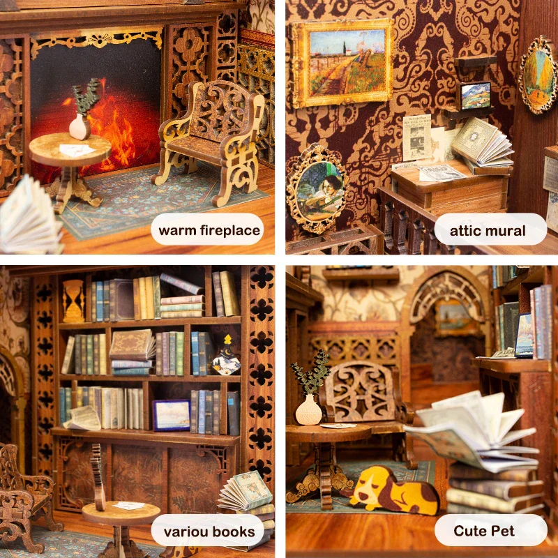 DIY Book Nook Kit Wooden Miniature Shelf Insert Roombox Dollhouse Model Holiday 2025 Cozy Library Gift - Image 3