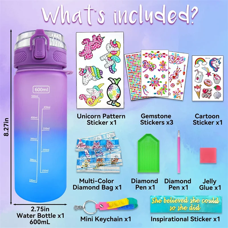 DIY Mermaid & Unicorn Water Bottle Craft Kits for Girls - Fun Arts and Crafts Birthday Gift with Fidget Keychain - Image 4