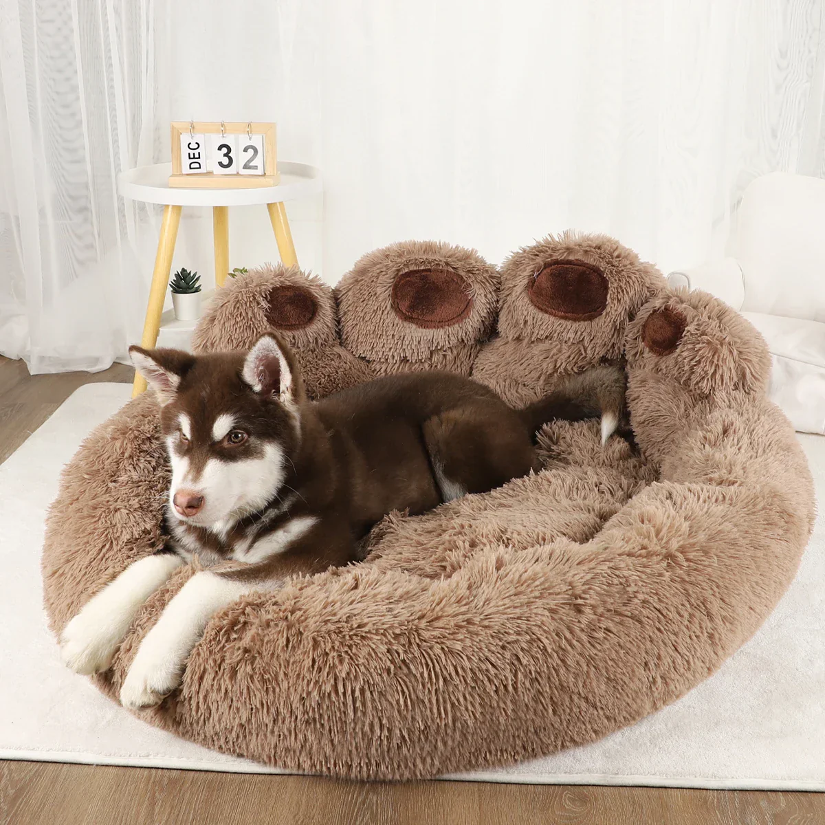 Dog Bed Plush Round Sofa Style Bed For Pets, Fall 2025 Cozy Washable Plush Bed With Paw Backrest Support - Image 2