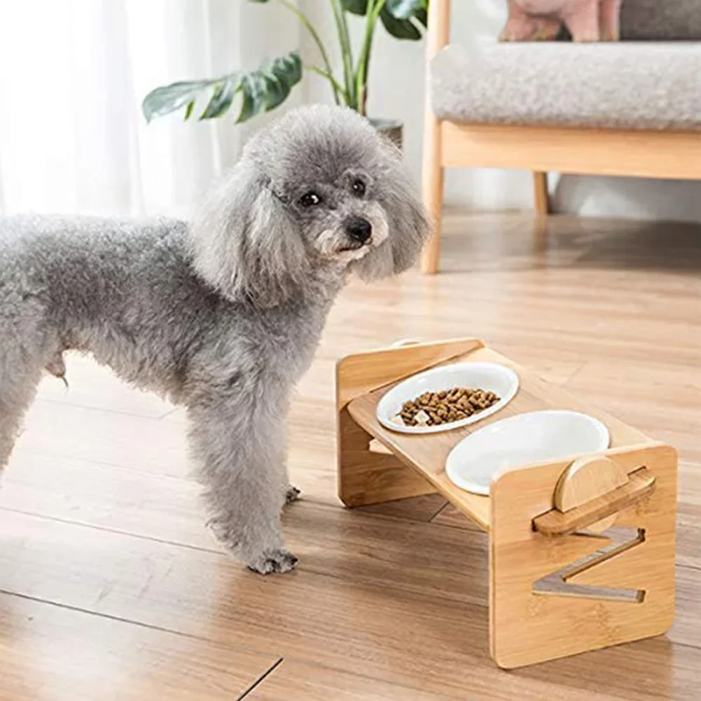 Dog Bowl Stand Adjustable Bamboo Elevated Feeder, Wooden Pet Bowl Holder Fall 2025 Ergonomic Neck Care - Image 2