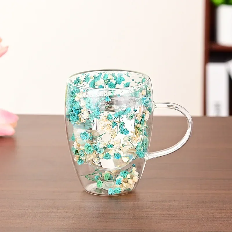 Double Wall Glass Cup with Handle Dried Flower Decorated Ins Style Mug 300ML - Image 11