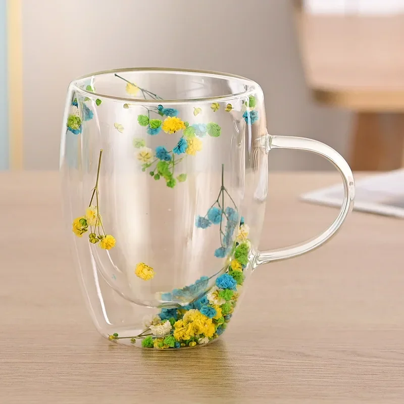 Double Wall Glass Cup with Handle Dried Flower Decorated Ins Style Mug 300ML - Image 13