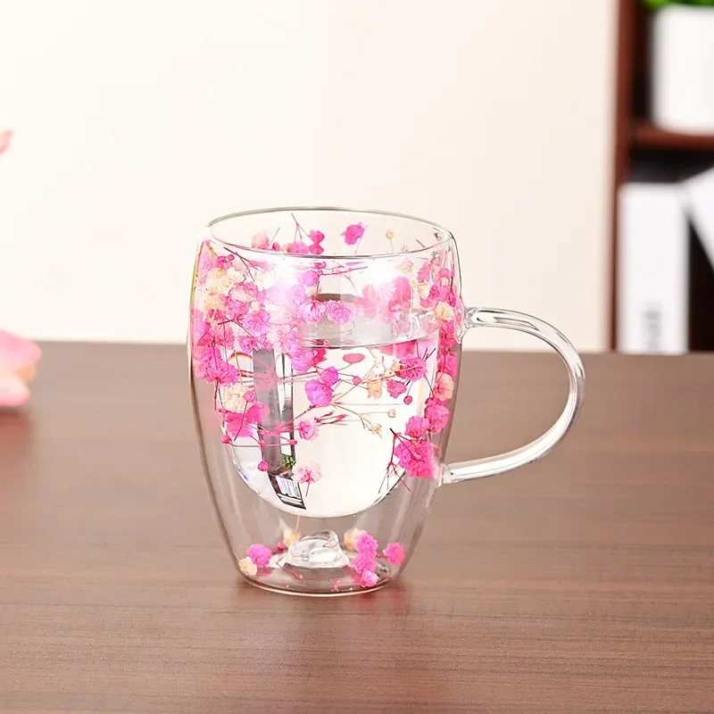 Double Wall Glass Cup with Handle Dried Flower Decorated Ins Style Mug 300ML - Image 14