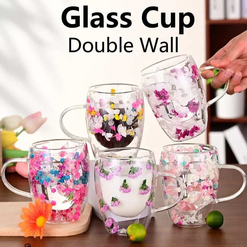Double Wall Glass Cup with Handle Dried Flower Decorated Ins Style Mug 300ML - Image 2
