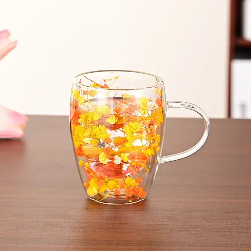 Double Wall Glass Cup with Handle Dried Flower Decorated Ins Style Mug 300ML - Image 8