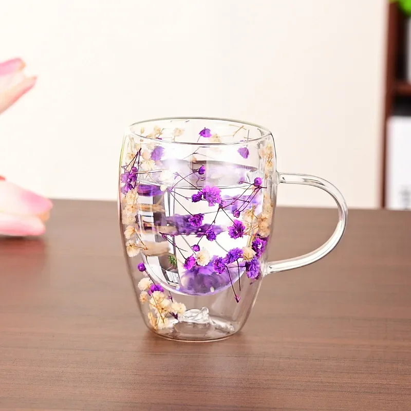 Double Wall Glass Cup with Handle Dried Flower Decorated Ins Style Mug 300ML - Image 9