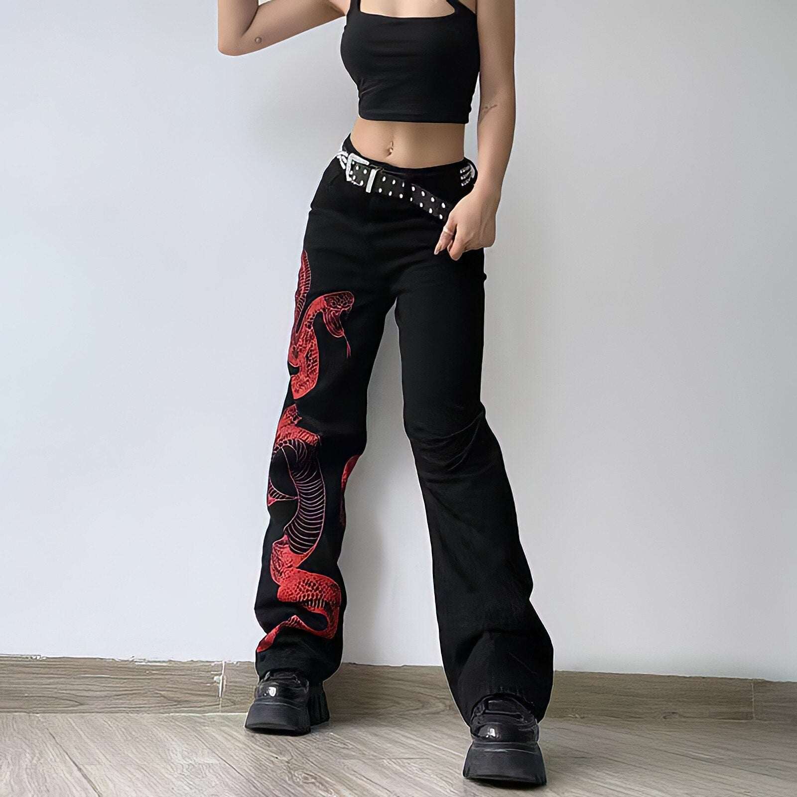 Dragon Embroidered Stretch Denim Jeans with Gold Brushstroke and Kanji Calligraphy Design - Image 4