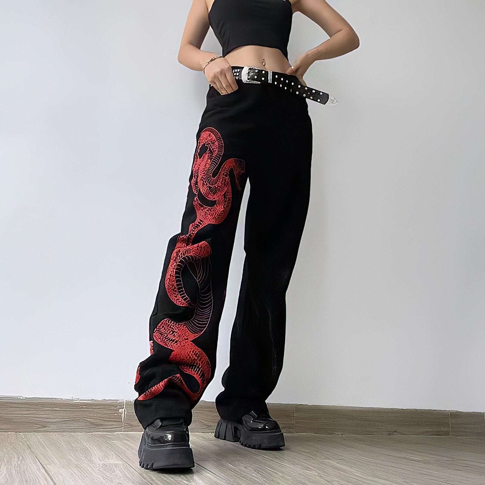 Dragon Embroidered Stretch Denim Jeans with Gold Brushstroke and Kanji Calligraphy Design - Image 5