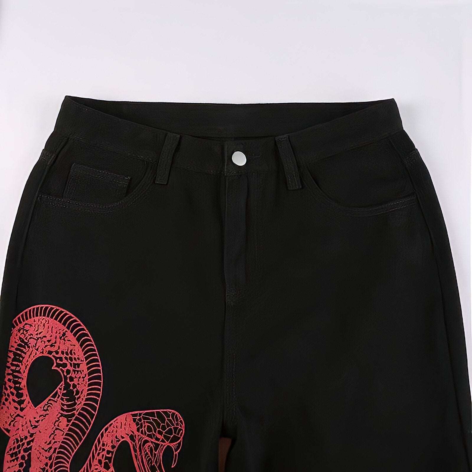 Dragon Embroidered Stretch Denim Jeans with Gold Brushstroke and Kanji Calligraphy Design - Image 6