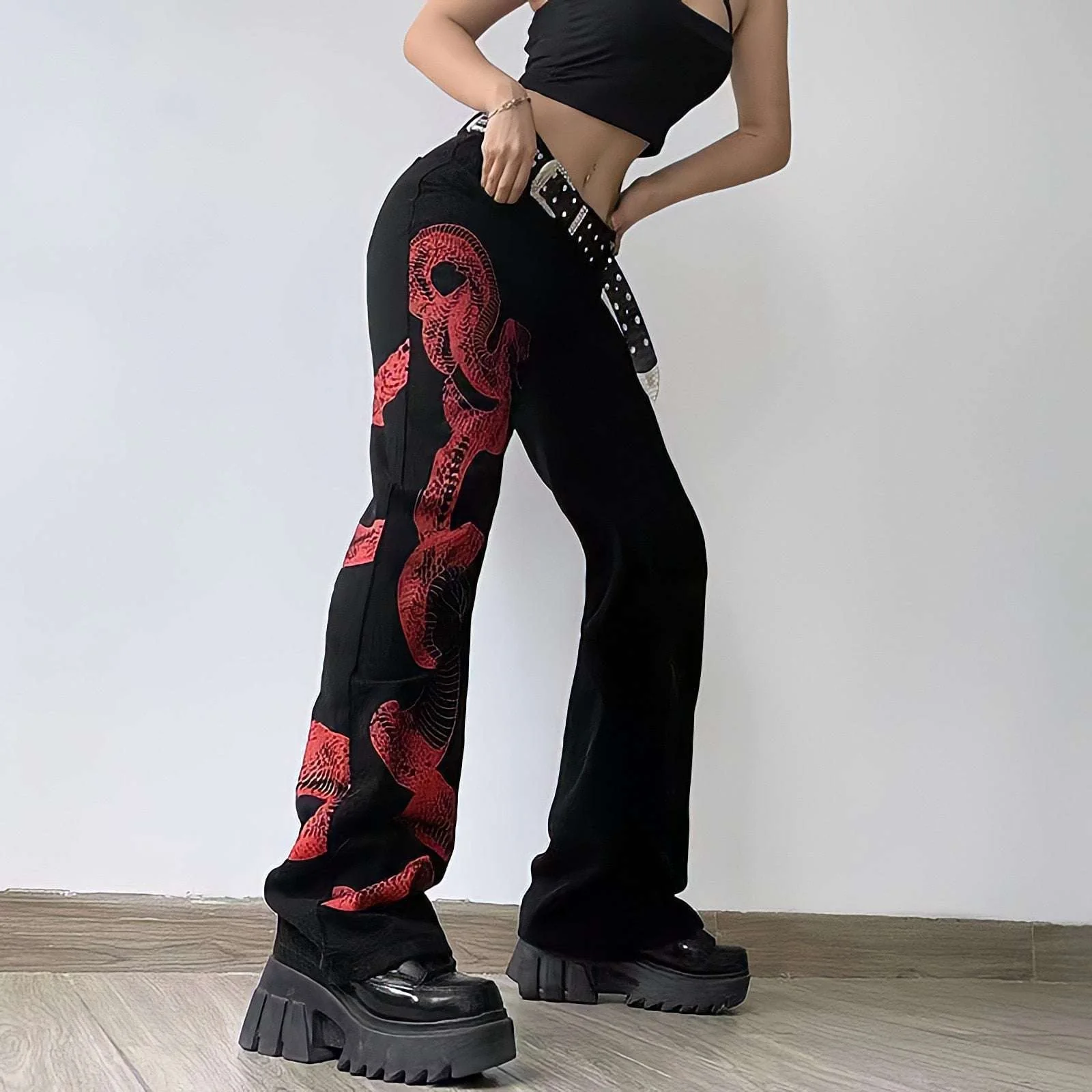 Dragon Embroidered Stretch Denim Jeans with Gold Brushstroke and Kanji Calligraphy Design - Image 7
