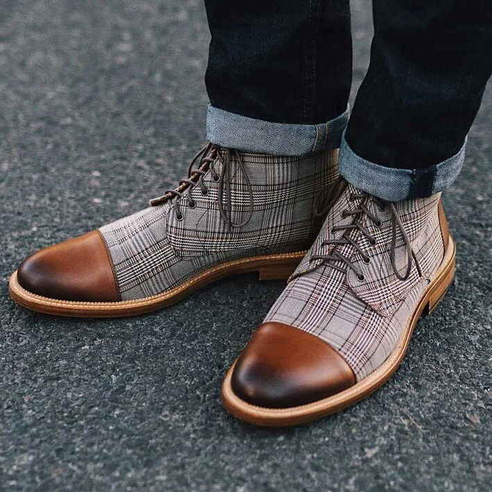Durable Men's Boots - Cap Toe, Plaid Textile, Leather