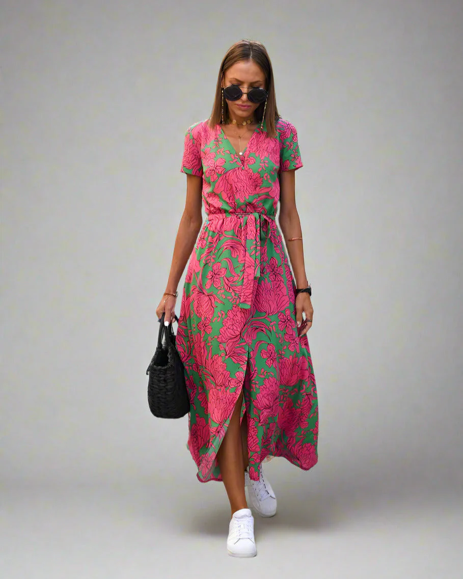 Elegant A-Line Women's Dress with V-Neck and Floral Pattern, Perfect for Summer and Formal Occasions - Image 2