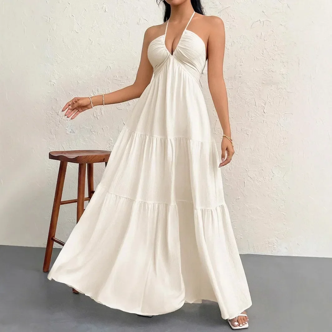 Elegant Backless V-Neck A-Line Dress for Women, Pleated Ankle-Length Summer Wedding Guest Dress