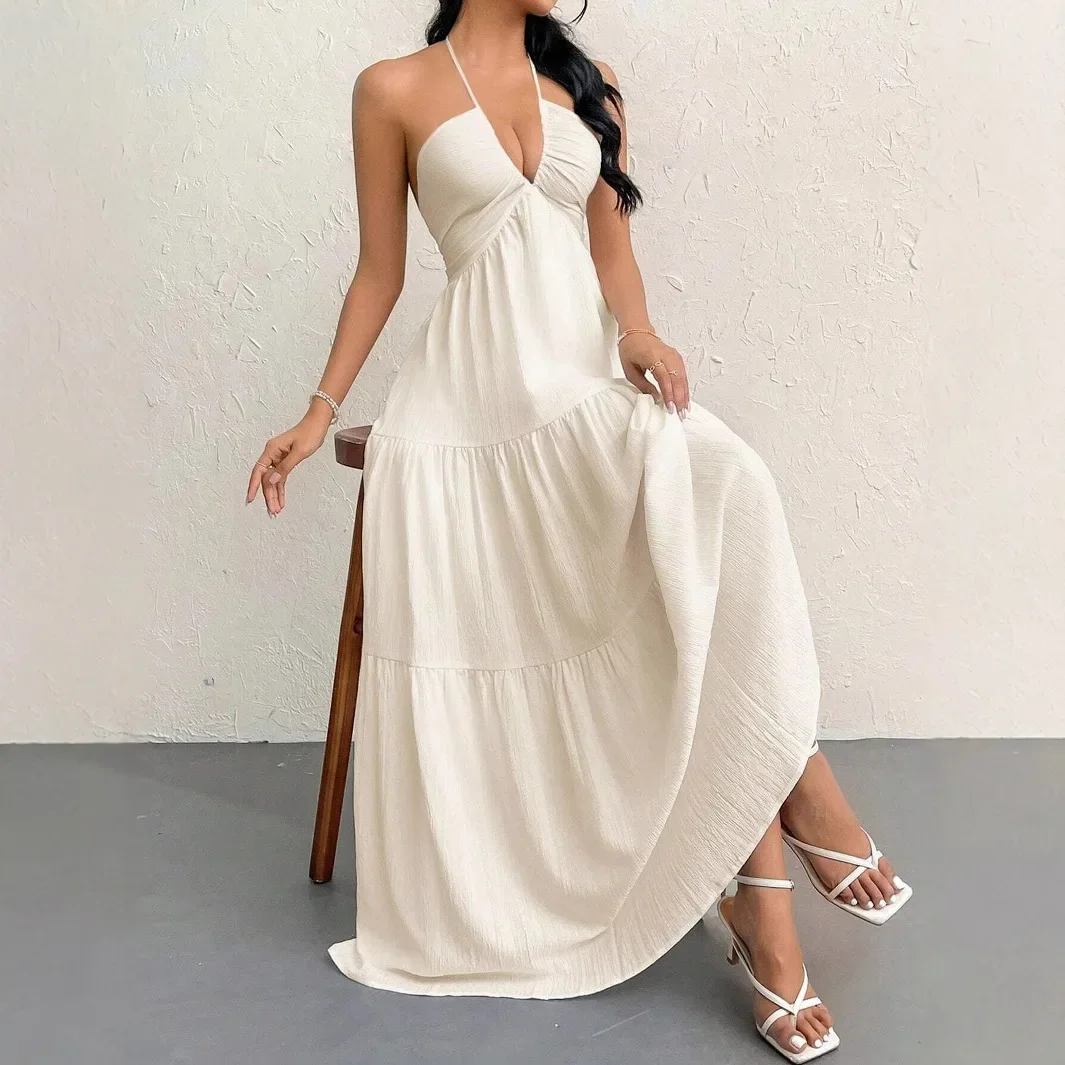 Elegant Backless V-Neck A-Line Dress for Women, Pleated Ankle-Length Summer Wedding Guest Dress - Image 2