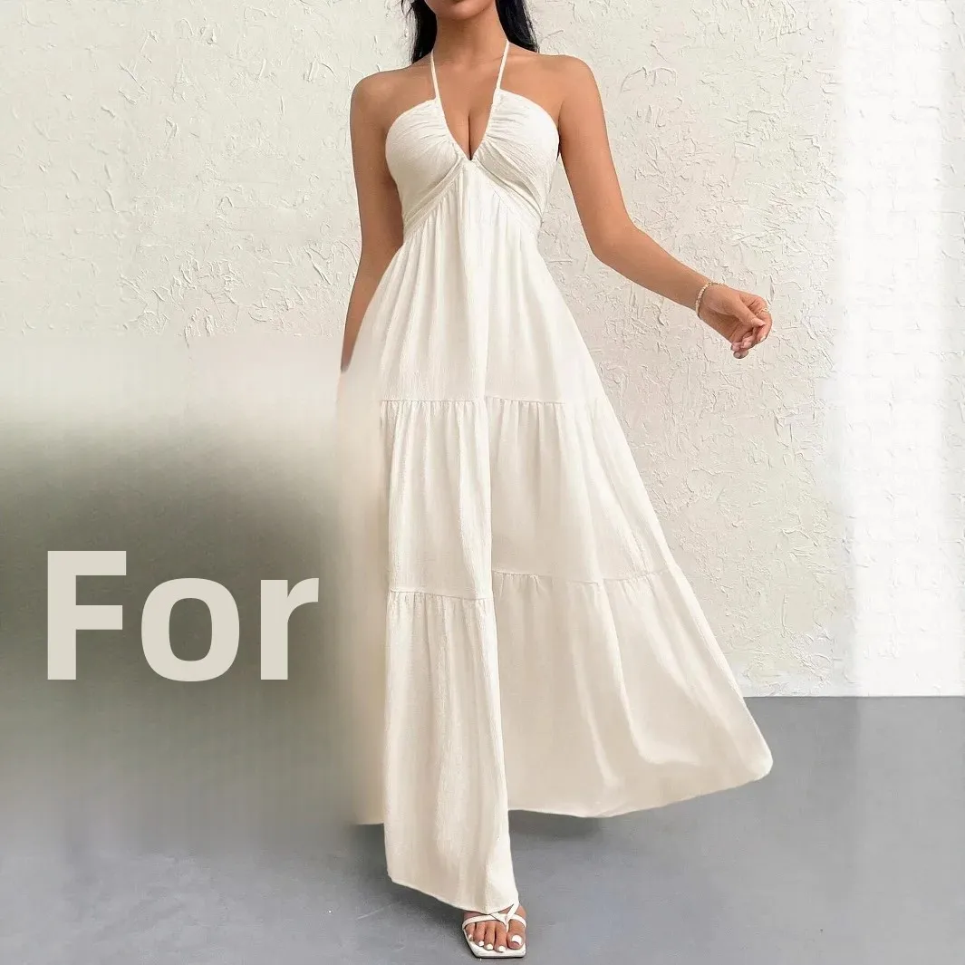 Elegant Backless V-Neck A-Line Dress for Women, Pleated Ankle-Length Summer Wedding Guest Dress - Image 3