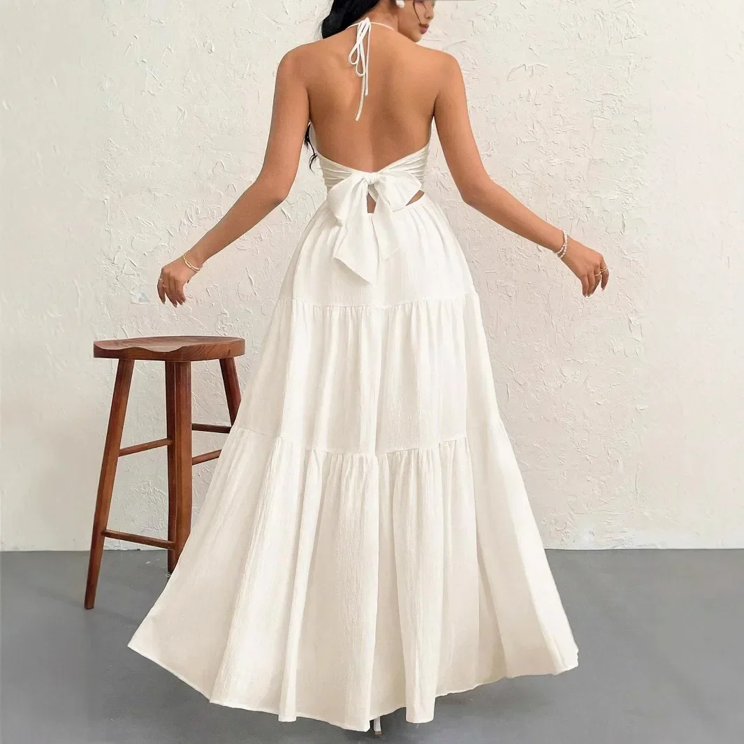 Elegant Backless V-Neck A-Line Dress for Women, Pleated Ankle-Length Summer Wedding Guest Dress - Image 4