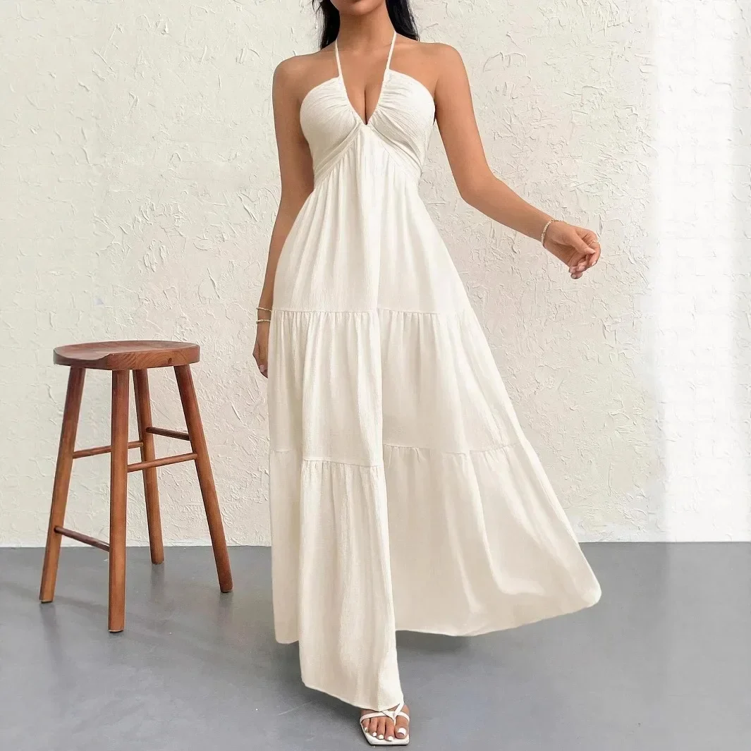 Elegant Backless V-Neck A-Line Dress for Women, Pleated Ankle-Length Summer Wedding Guest Dress - Image 5